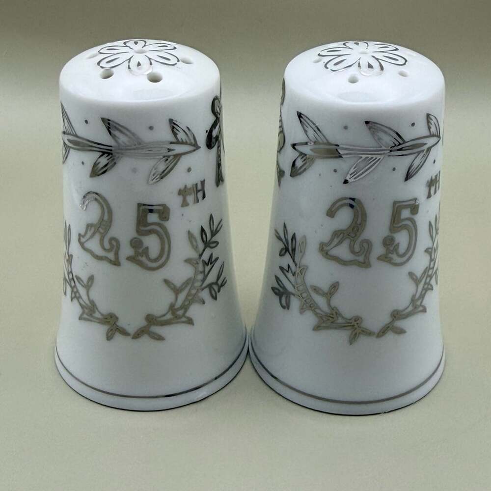 Vintage Lefton 25th Anniversary Salt & Pepper Shakers #1957 Silver Trim